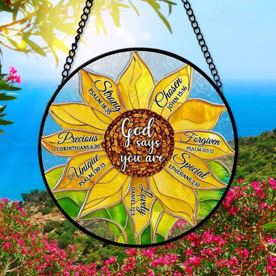 Sunflower Faux Faux Stained Glass Window Hanging, Religious Glass Decor For Christian, Christmas Gift, God Says You Are Unique Special Decor Gift