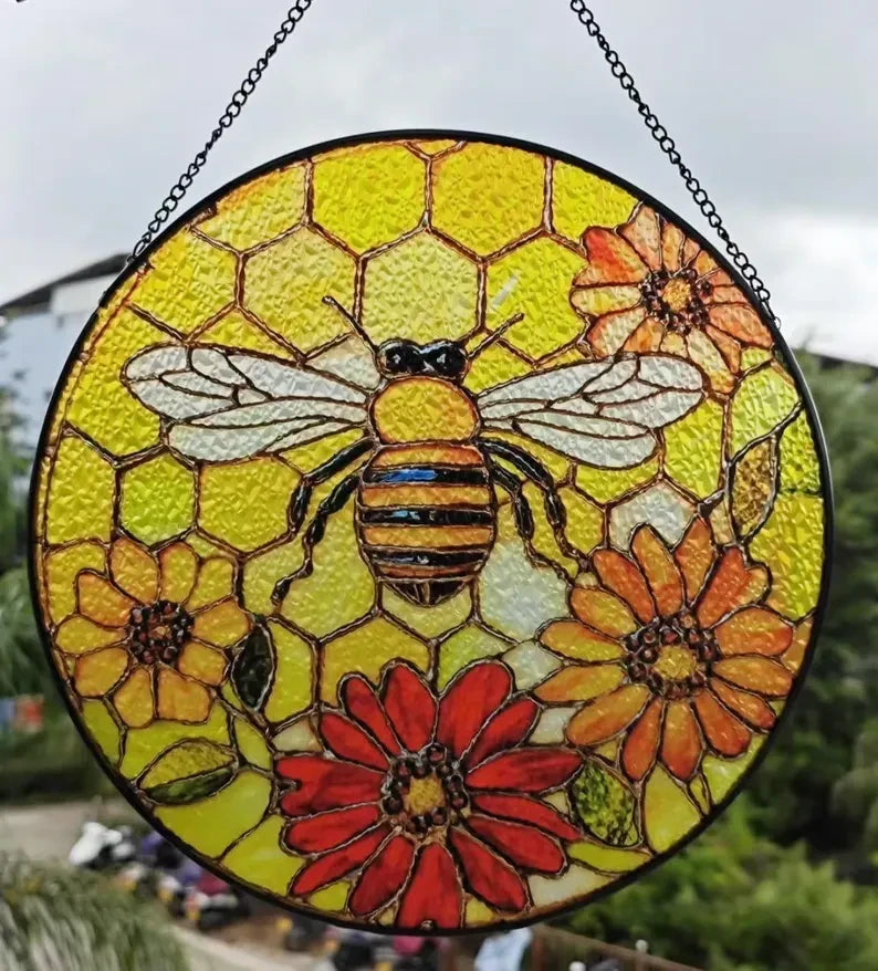 Bee Faux Stained Glass Window Hanging, Christmas Gift for Mom, Honeycomb Suncatcher for Nature Lovers, Glass Art For Bee Lovers, Birthday Gift