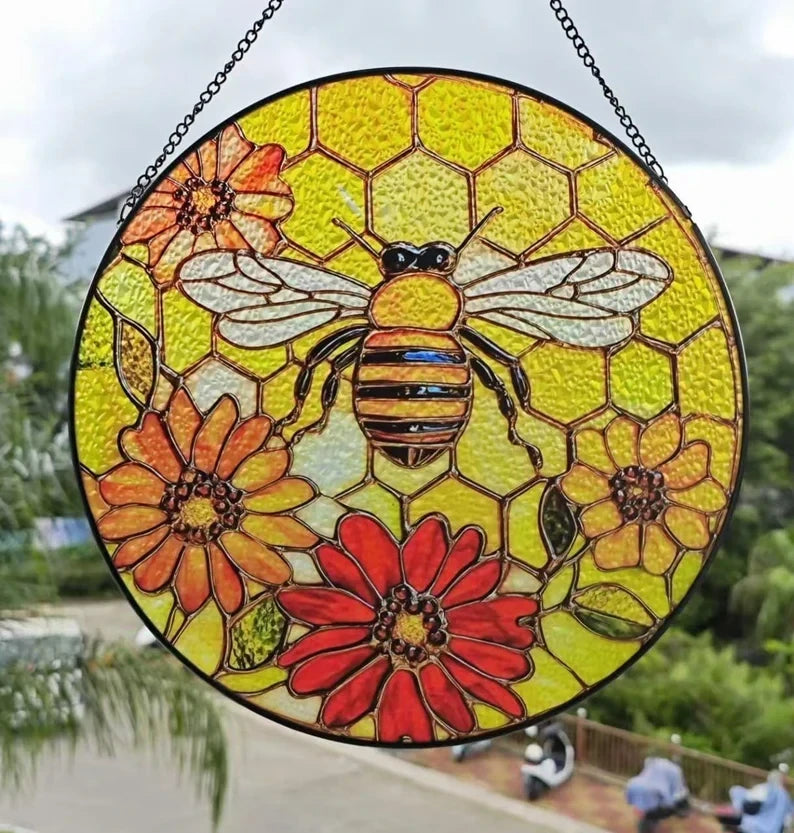 Bee Faux Stained Glass Window Hanging, Christmas Gift for Mom, Honeycomb Suncatcher for Nature Lovers, Glass Art For Bee Lovers, Birthday Gift