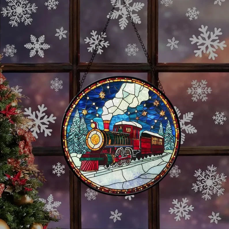 Faux Stained Glass Christmas Train Suncatcher, Xmas Train Suncatcher, Housewarming Gift, Christmas Decoration, Christmas Gift