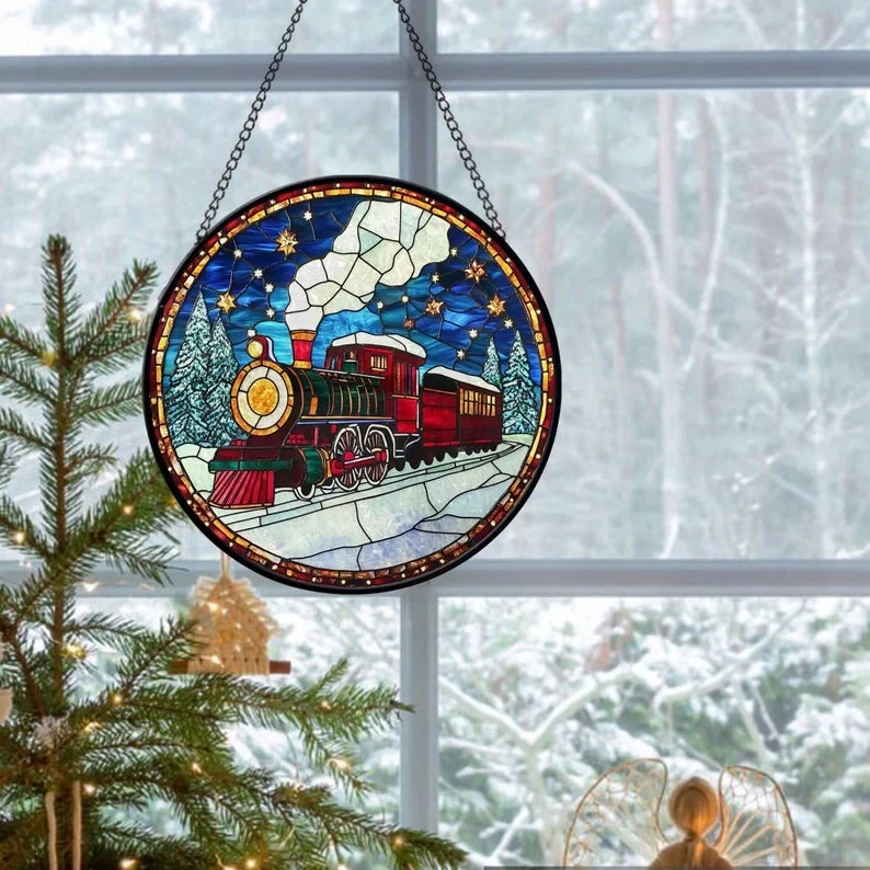 Faux Stained Glass Christmas Train Suncatcher, Xmas Train Suncatcher, Housewarming Gift, Christmas Decoration, Christmas Gift
