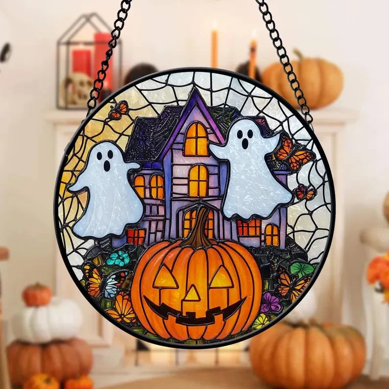 Ghost and Haunted House Faux Stained Glass Window Hanging, Spooky Ghost Suncatcher, Halloween Suncatcher Ornament, Halloween Decoration