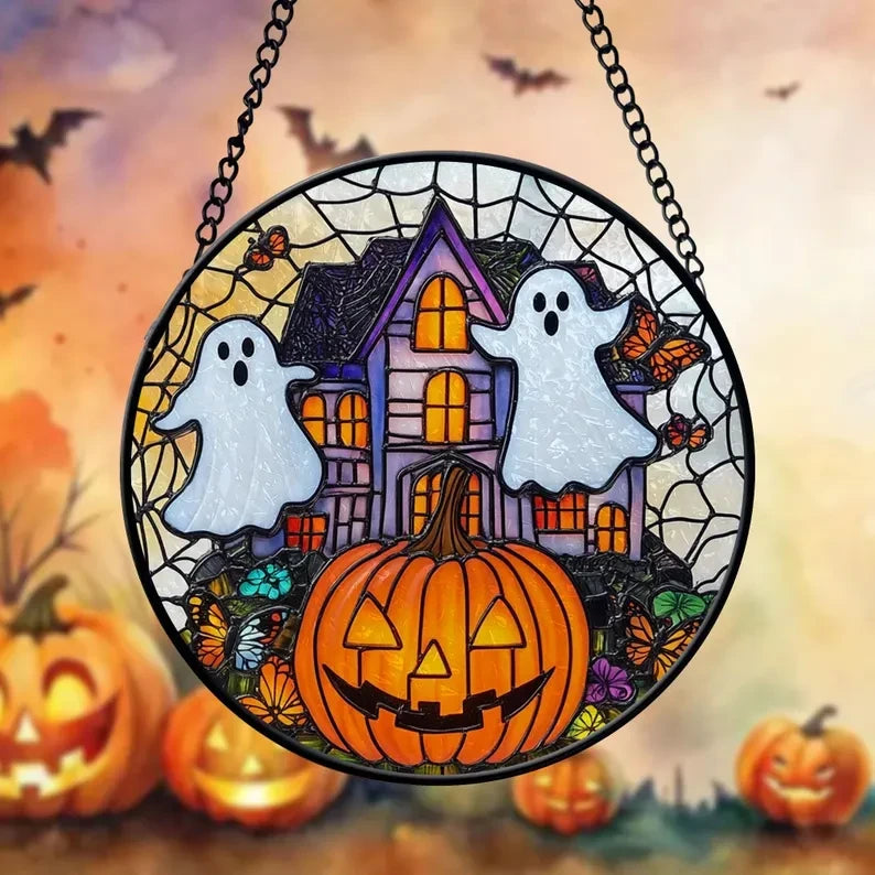 Ghost and Haunted House Faux Stained Glass Window Hanging, Spooky Ghost Suncatcher, Halloween Suncatcher Ornament, Halloween Decoration