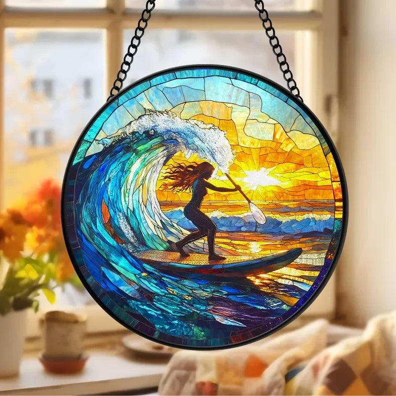 Woman Paddle Boarding Glass Suncatcher, Paddle Board Window Hanger, Paddle Boarder Gifts, Birthday Gifts For Her, Christmas Gifts