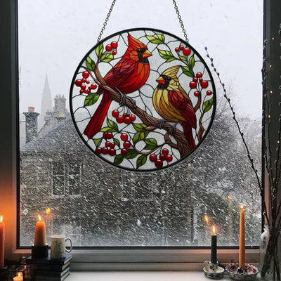 Male and Female Cardinal Lovebirds Glass Suncatcher, Cardinal Flower Window Hanging, Christmas Gift, Bird Lovers Gift, Bird Feeder Ornament