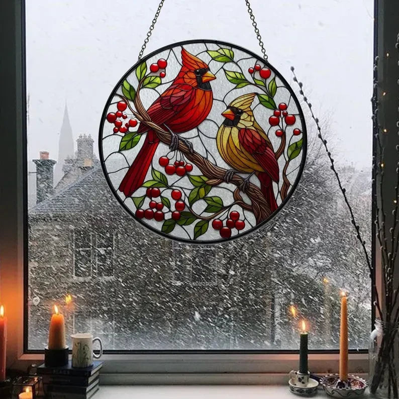 Male and Female Cardinal Lovebirds Glass Suncatcher, Cardinal Flower Window Hanging, Christmas Gift, Bird Lovers Gift, Bird Feeder Ornament