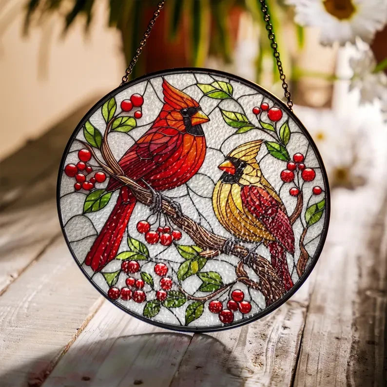 Male and Female Cardinal Lovebirds Glass Suncatcher, Cardinal Flower Window Hanging, Christmas Gift, Bird Lovers Gift, Bird Feeder Ornament