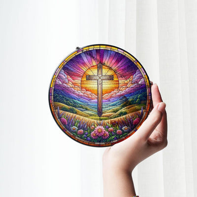 Cross GLASS, Cross Suncatcher, Home Decoration, Birthday Faux Stained Glass Gift, Cross Jesus Flower Wall Art, Christian Home Decor