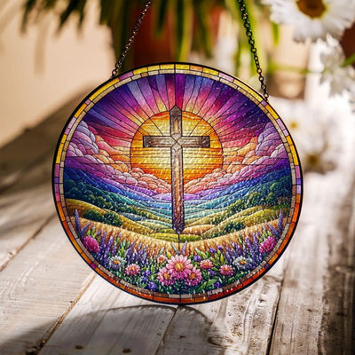 Cross GLASS, Cross Suncatcher, Home Decoration, Birthday Faux Stained Glass Gift, Cross Jesus Flower Wall Art, Christian Home Decor
