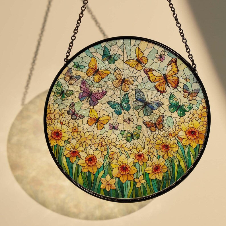 Daffodil Valley And Butterfly Glass, Daffodil Flower Decor, Flock Of Butterfly, Flower Suncatcher, Flower Lover Gift, Yard Decor