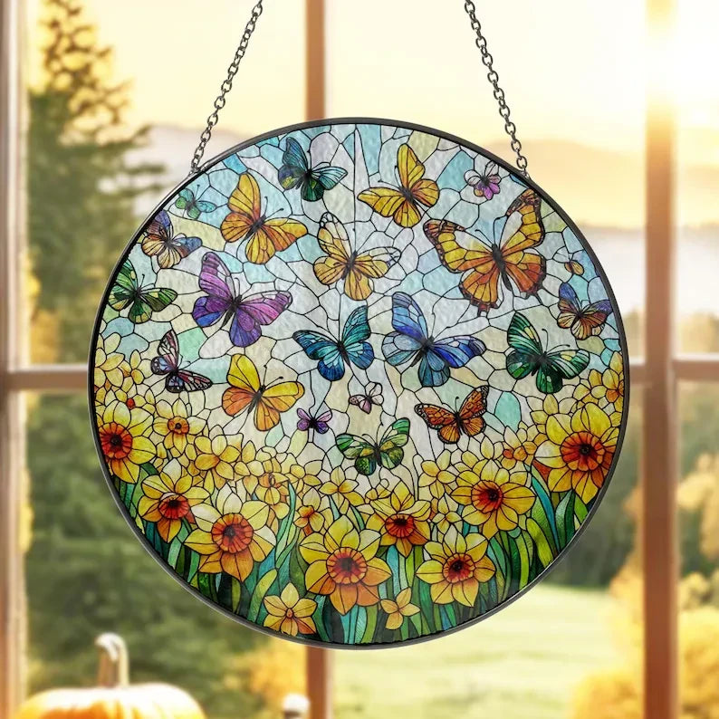 Daffodil Valley And Butterfly Glass, Daffodil Flower Decor, Flock Of Butterfly, Flower Suncatcher, Flower Lover Gift, Yard Decor