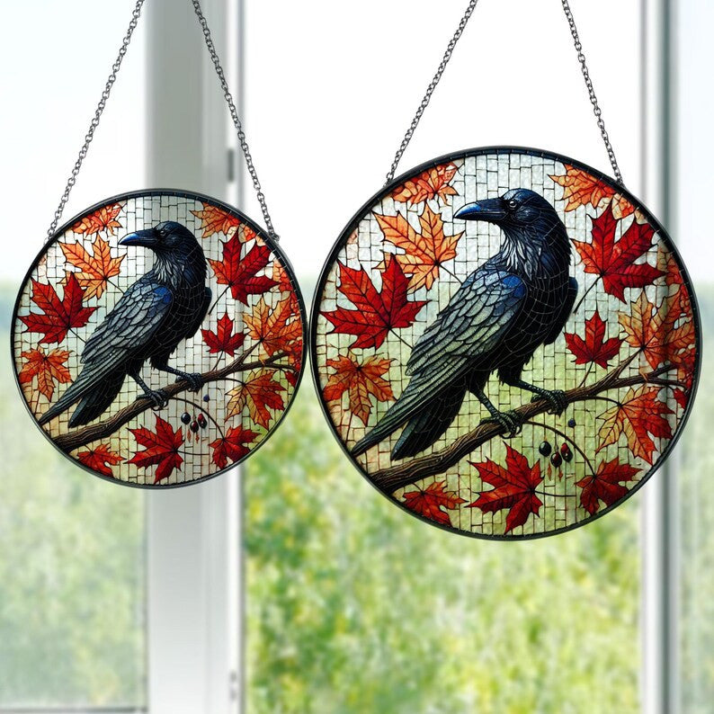 Raven Perching On Fall Maple Tree Glass Window Hanging, Fall Suncatcher, Fall Vibe, Autumn Raven, Halloween Decor, Fall Leaves Decor