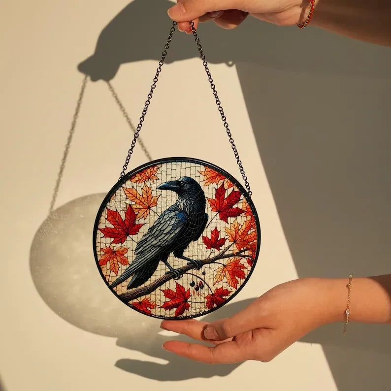 Raven Perching On Fall Maple Tree Glass Window Hanging, Fall Suncatcher, Fall Vibe, Autumn Raven, Halloween Decor, Fall Leaves Decor