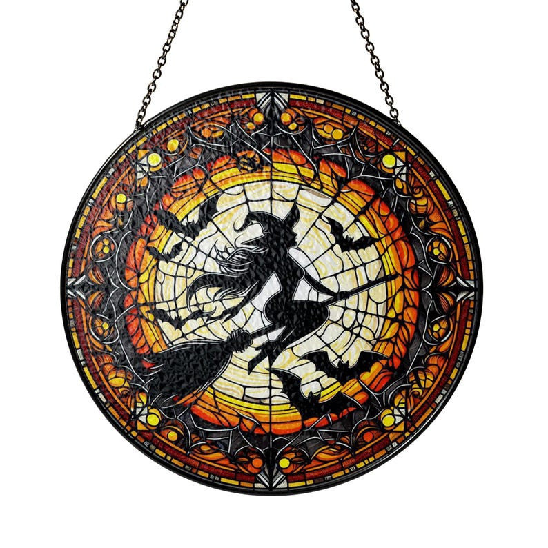 Witch Glass, Witch Halloween Suncatcher, Halloween Witch Window Hanging, Halloween Decor, Bats, Spooky Season Gift, Witch Glass Art