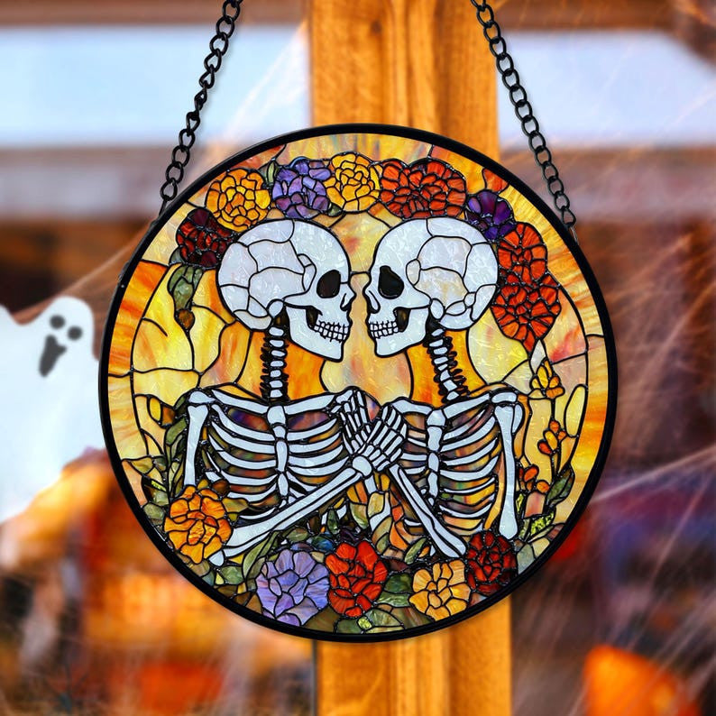 Skeleton Couple Glass Suncatcher, Halloween Wedding Decor, Halloween Wedding Gifts, Gothic Wedding Decor, Halloween Decor, Anniversary Gifts