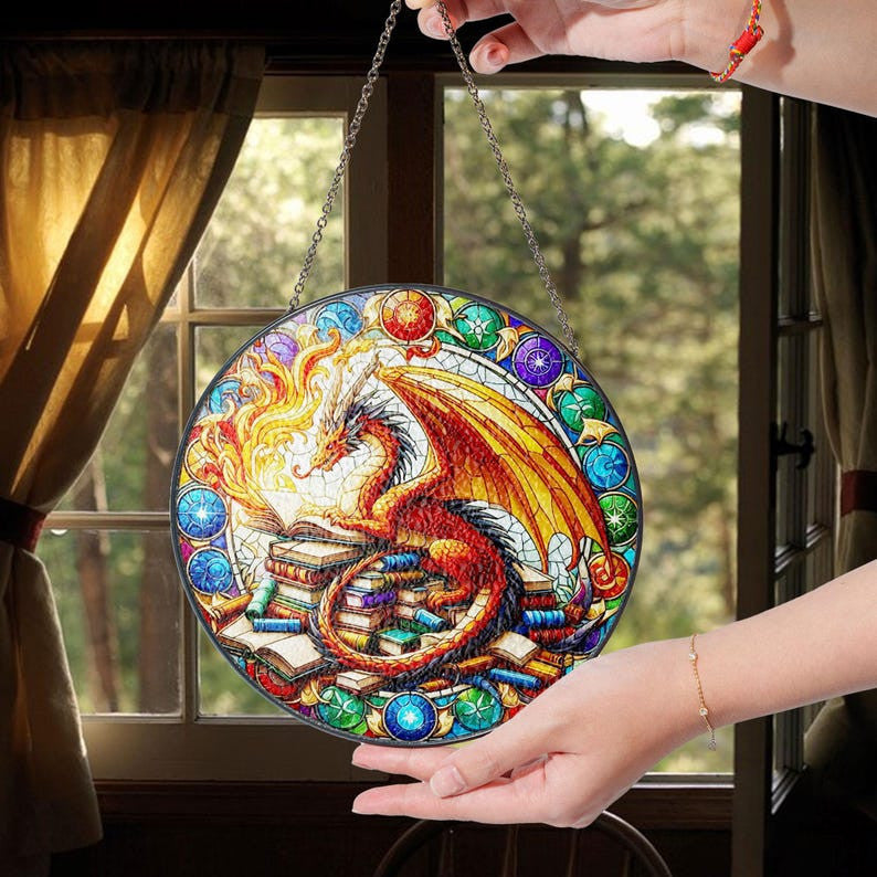 Dragon's Library Faux Stained Glass Suncatcher Decor, Book Dragon Window Hanging Decor, Dragon Suncatcher, Book Lovers Gift, Teacher Librarian