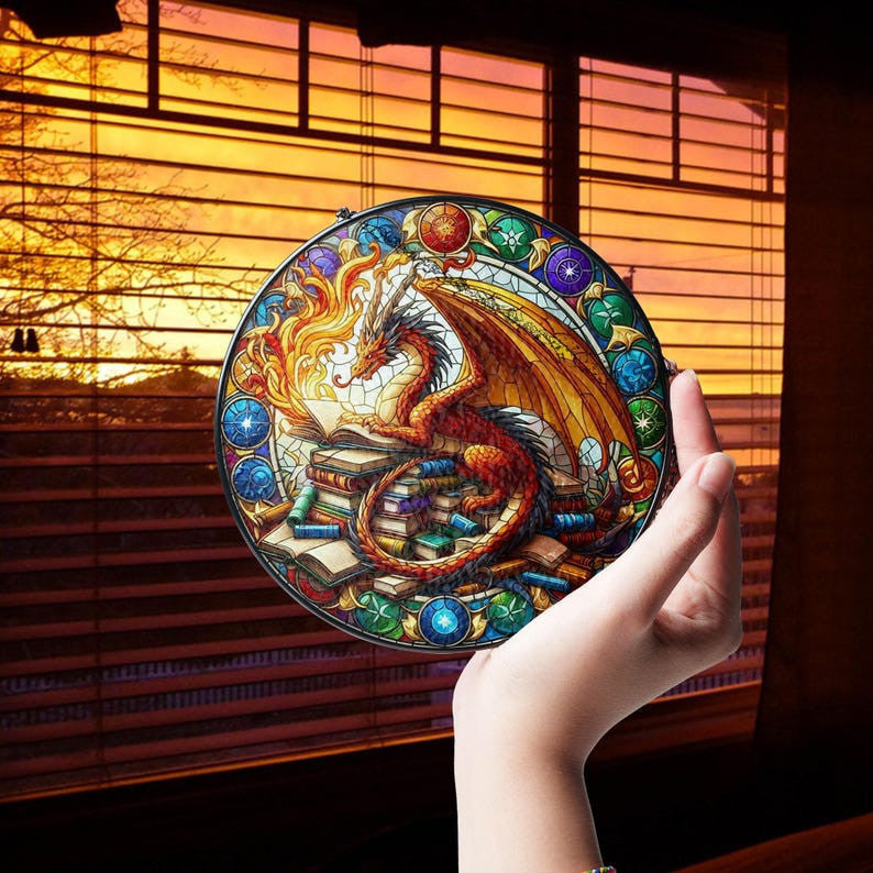 Dragon's Library Faux Stained Glass Suncatcher Decor, Book Dragon Window Hanging Decor, Dragon Suncatcher, Book Lovers Gift, Teacher Librarian