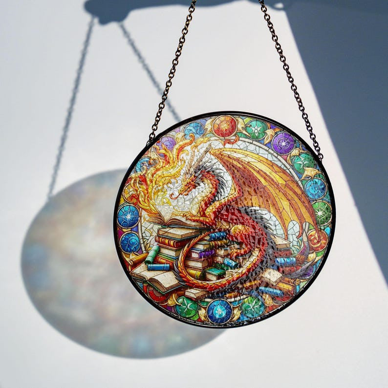 Dragon's Library Faux Stained Glass Suncatcher Decor, Book Dragon Window Hanging Decor, Dragon Suncatcher, Book Lovers Gift, Teacher Librarian