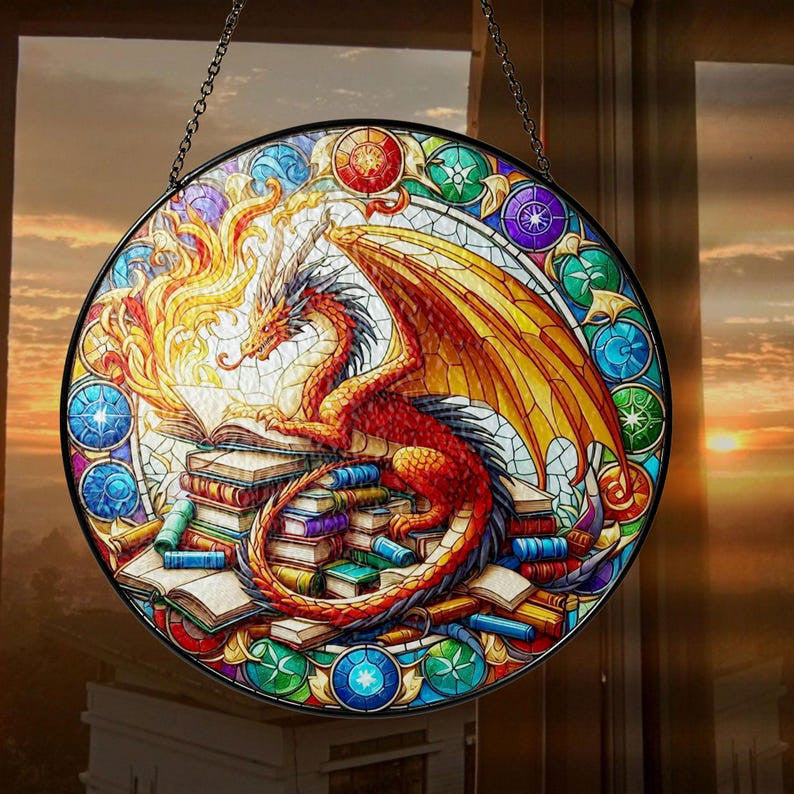 Dragon's Library Faux Stained Glass Suncatcher Decor, Book Dragon Window Hanging Decor, Dragon Suncatcher, Book Lovers Gift, Teacher Librarian
