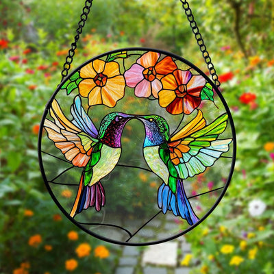 Hummingbird Faux Stained Glass Suncatcher, Bird Flower Glass Window Hanging, Anniversary Gift Birthday Gift, Christmas Gift, Gift For Mom