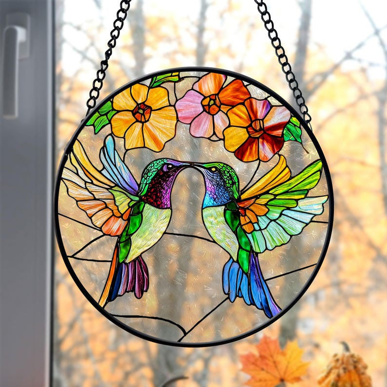 Hummingbird Faux Stained Glass Suncatcher, Bird Flower Glass Window Hanging, Anniversary Gift Birthday Gift, Christmas Gift, Gift For Mom