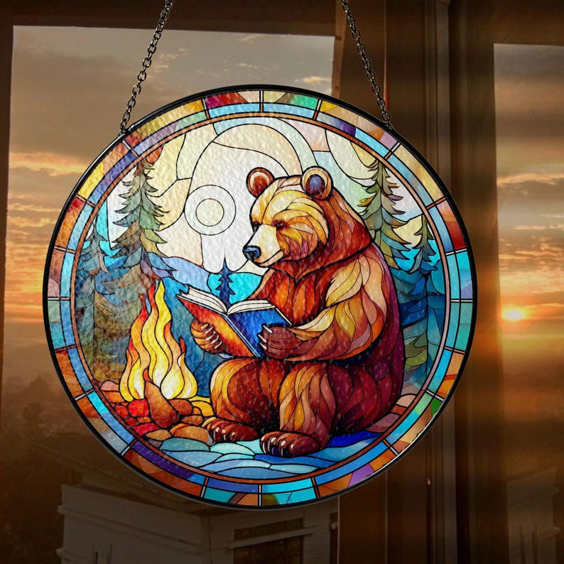 Bear and Books Faux Stained Glass Suncatcher Decor, Bear Camping & Reading Book Decor, Bear Suncatcher, Books Lovers Gift, Teacher Librarian Gift