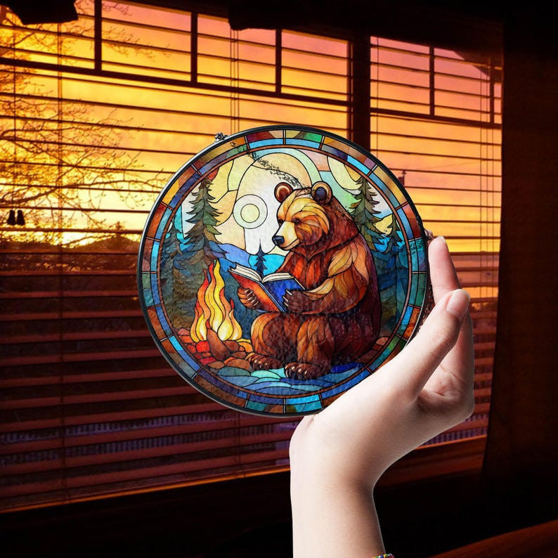 Bear and Books Faux Stained Glass Suncatcher Decor, Bear Camping & Reading Book Decor, Bear Suncatcher, Books Lovers Gift, Teacher Librarian Gift