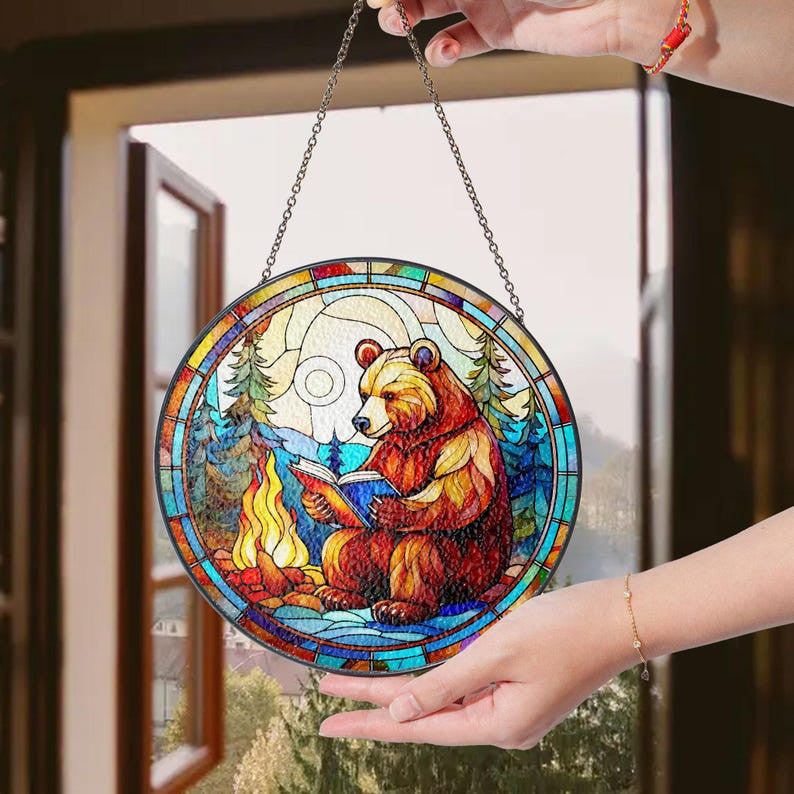 Bear and Books Faux Stained Glass Suncatcher Decor, Bear Camping & Reading Book Decor, Bear Suncatcher, Books Lovers Gift, Teacher Librarian Gift