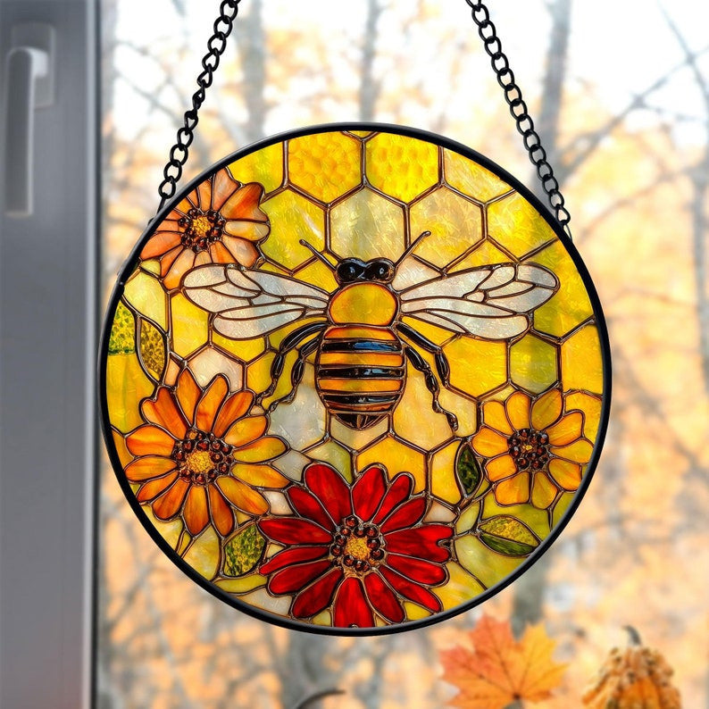 Yellow Suncatcher Honeycomb Faux Stained Glass Home House Decor, Beehive and Flower Faux Faux Stained Glass Suncatcher, Bees Window Hanging