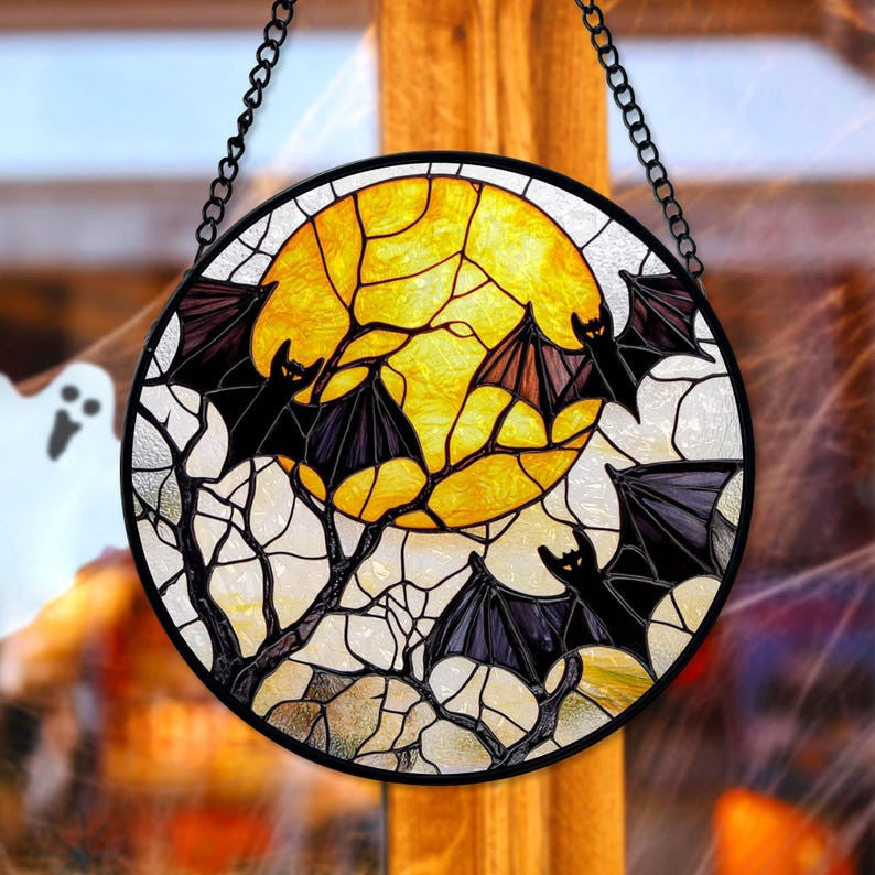 Faux Stained Glass Bats and Moon Glass Suncatcher, Halloween Faux Stained Glass Suncatcher, Halloween Gothic Decor, Halloween Gifts, Spooky Decor