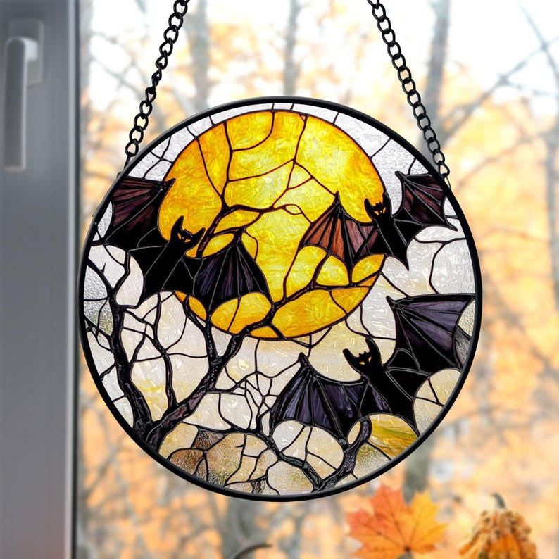 Faux Stained Glass Bats and Moon Glass Suncatcher, Halloween Faux Stained Glass Suncatcher, Halloween Gothic Decor, Halloween Gifts, Spooky Decor