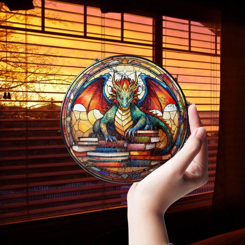 Dragon and Books Faux Stained Glass Suncatcher Decor, Book Dragon Decor, Dragon Suncatcher, Books Lovers Gift, Teacher Librarian Gift, Dragon