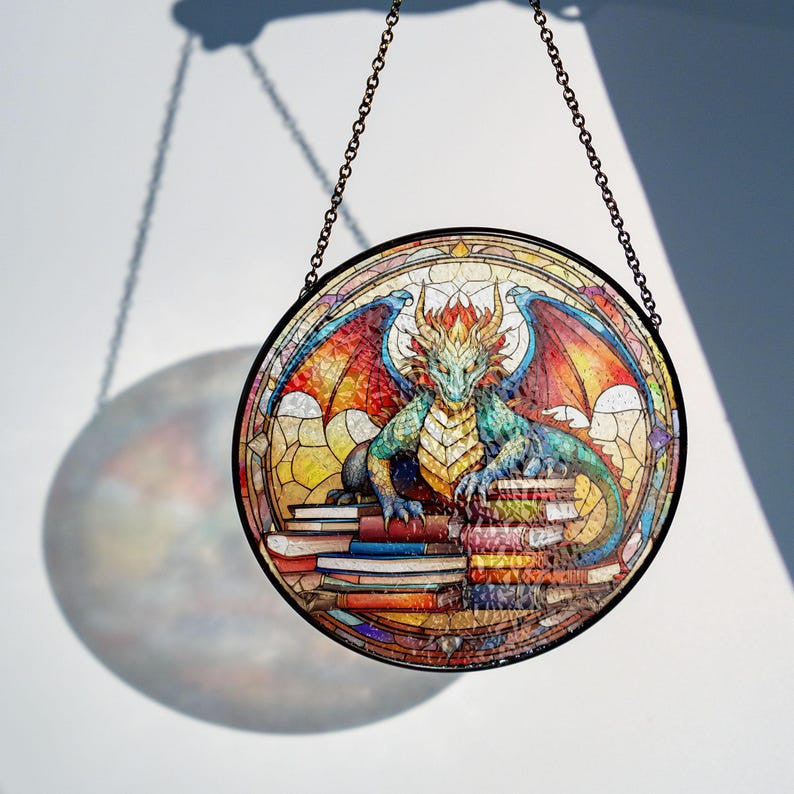 Dragon and Books Faux Stained Glass Suncatcher Decor, Book Dragon Decor, Dragon Suncatcher, Books Lovers Gift, Teacher Librarian Gift, Dragon