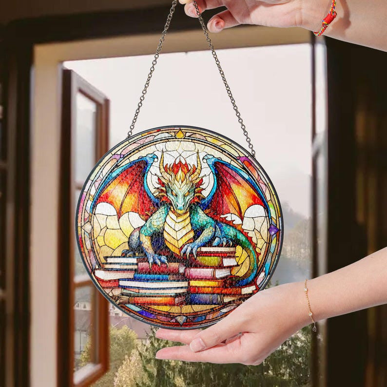 Dragon and Books Faux Stained Glass Suncatcher Decor, Book Dragon Decor, Dragon Suncatcher, Books Lovers Gift, Teacher Librarian Gift, Dragon