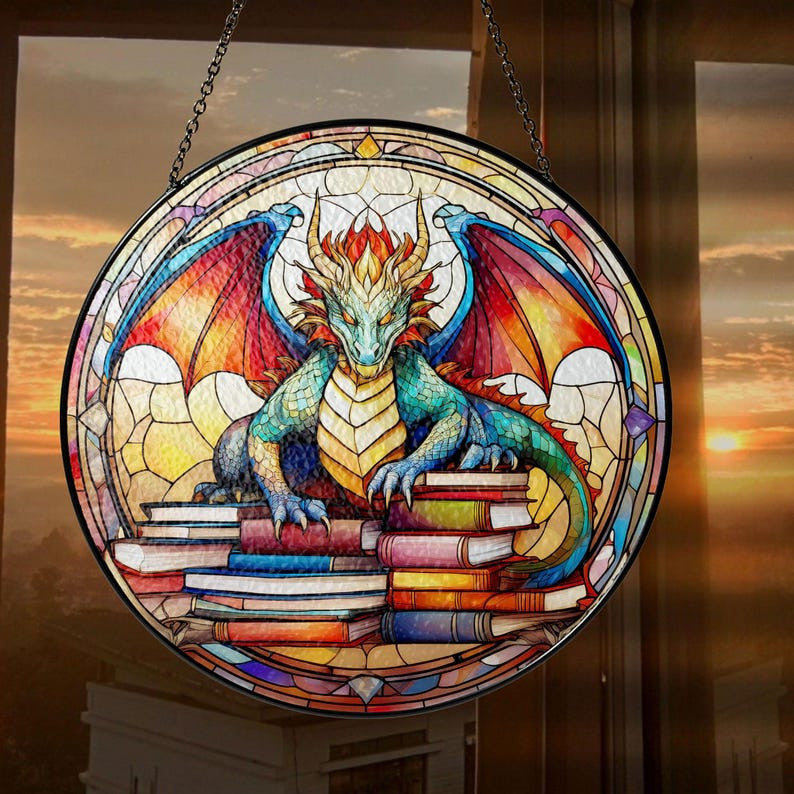 Dragon and Books Faux Stained Glass Suncatcher Decor, Book Dragon Decor, Dragon Suncatcher, Books Lovers Gift, Teacher Librarian Gift, Dragon