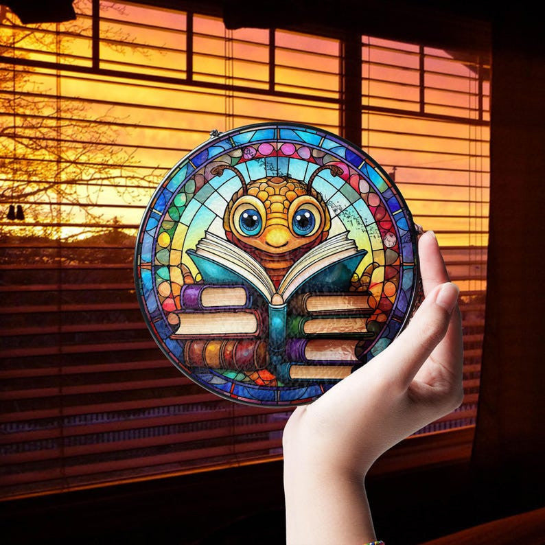 Worm and Books Faux Stained Glass Suncatcher Decor, Worm Reading Book Decor, Worm Suncatcher, Books Lovers Gift, Teacher Librarian Gift, Book Art