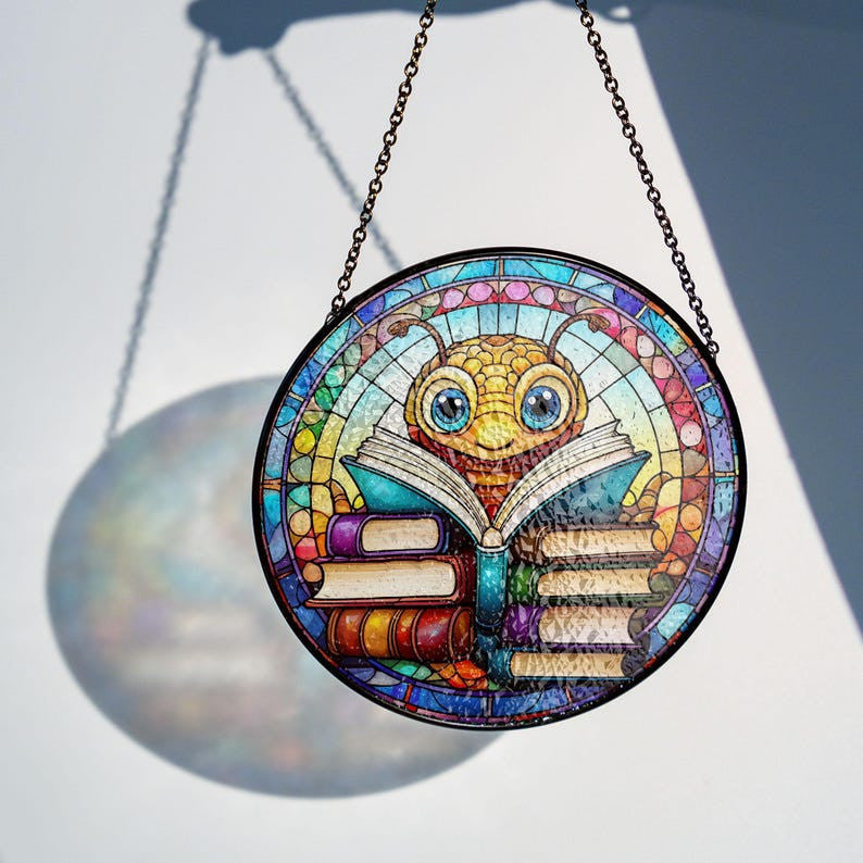 Worm and Books Faux Stained Glass Suncatcher Decor, Worm Reading Book Decor, Worm Suncatcher, Books Lovers Gift, Teacher Librarian Gift, Book Art