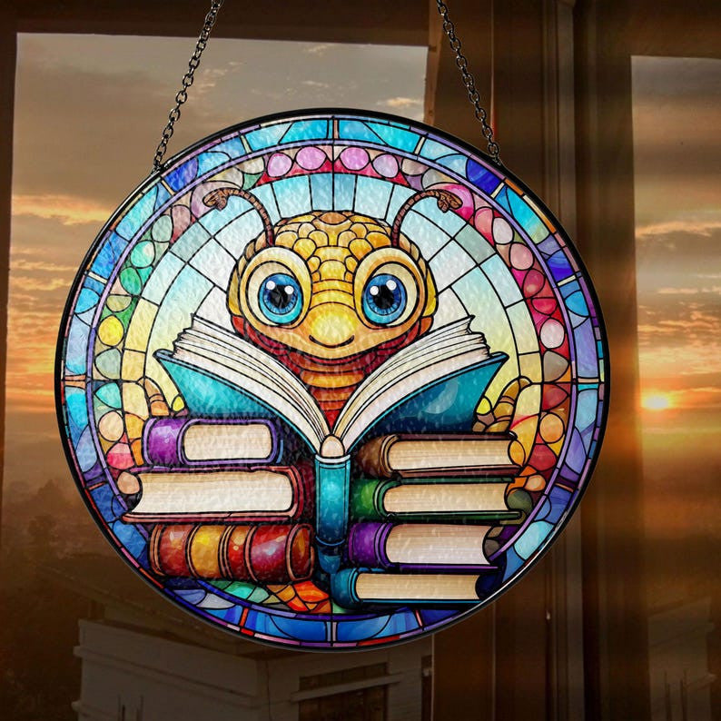 Worm and Books Faux Stained Glass Suncatcher Decor, Worm Reading Book Decor, Worm Suncatcher, Books Lovers Gift, Teacher Librarian Gift, Book Art