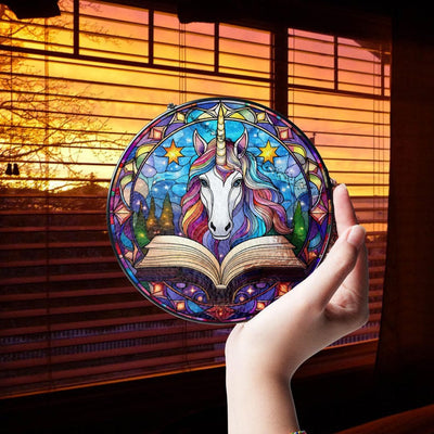Unicorn and Books Faux Stained Glass Suncatcher Decor, Book Unicorn Decor, Unicorn Suncatcher, Books Lovers Gift, Teacher Librarian Gift, Unicorn