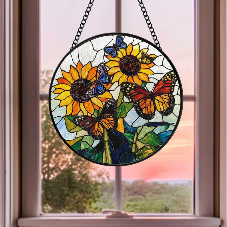 Butterflies Sunflowers Faux Stained Glass, Sunflowers Suncatcher, Birthday Gift For Her Mom Wife Grandmother, Christmas Gift, Sunflower Gift