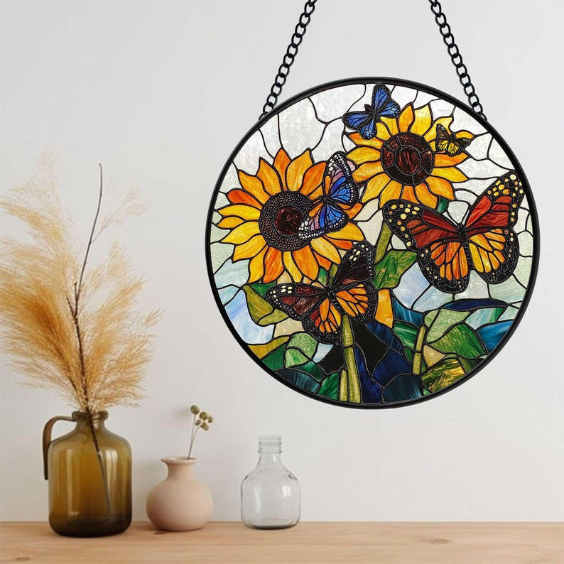 Butterflies Sunflowers Faux Stained Glass, Sunflowers Suncatcher, Birthday Gift For Her Mom Wife Grandmother, Christmas Gift, Sunflower Gift