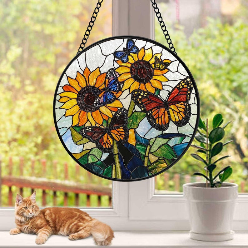 Butterflies Sunflowers Faux Stained Glass, Sunflowers Suncatcher, Birthday Gift For Her Mom Wife Grandmother, Christmas Gift, Sunflower Gift