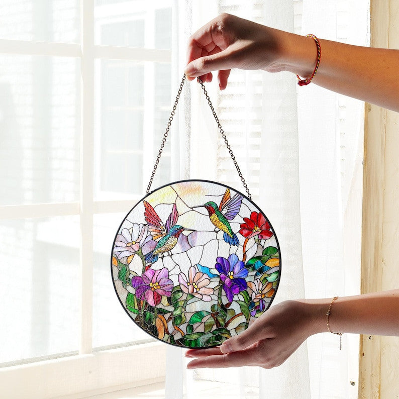 Hummingbirds and Wild Flowers Faux Stained Glass Suncatcher, Hummingbirds SunCatcher , Indoor Decor, Window Hanging, Wall Art, Gifts for Women,
