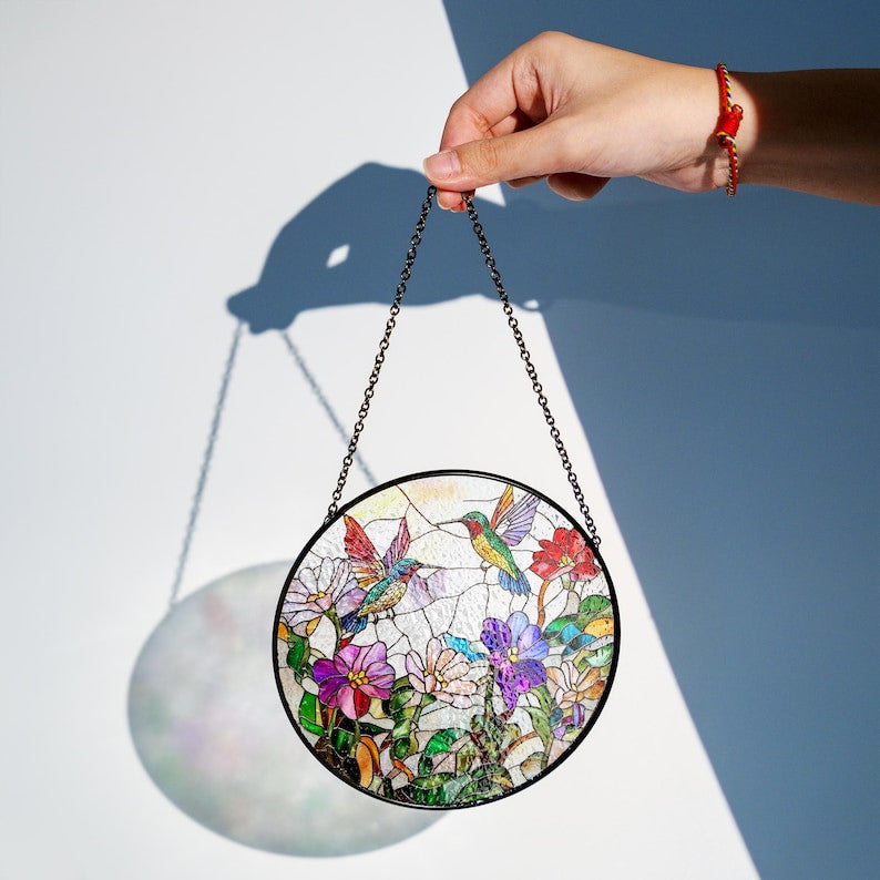 Hummingbirds and Wild Flowers Faux Stained Glass Suncatcher, Hummingbirds SunCatcher , Indoor Decor, Window Hanging, Wall Art, Gifts for Women,