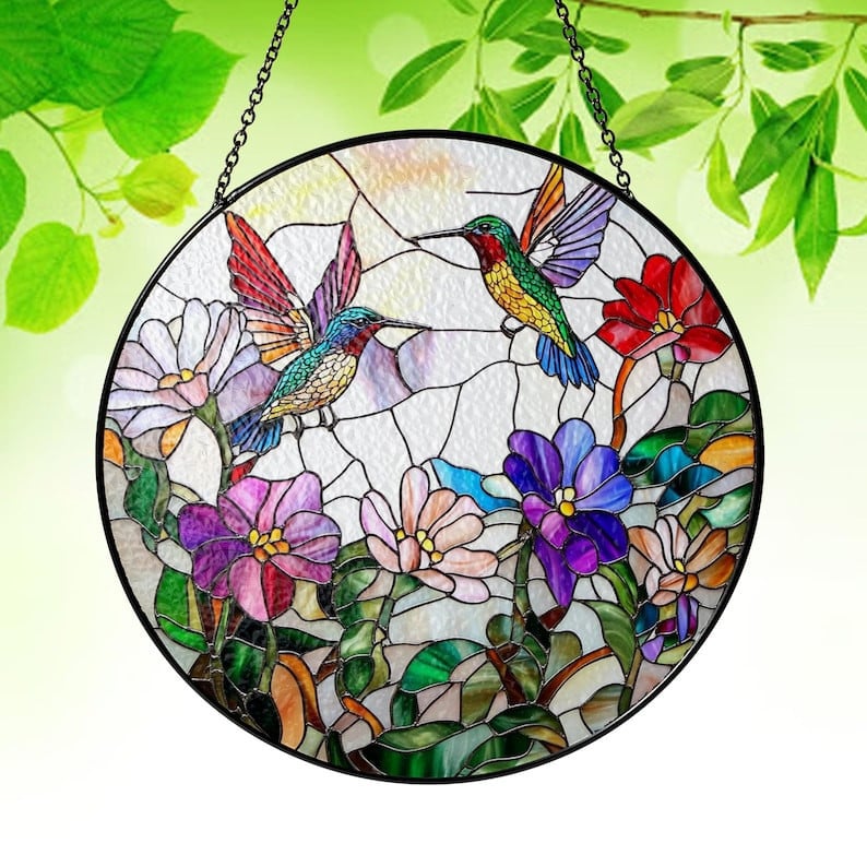 Hummingbirds and Wild Flowers Faux Stained Glass Suncatcher, Hummingbirds SunCatcher , Indoor Decor, Window Hanging, Wall Art, Gifts for Women,