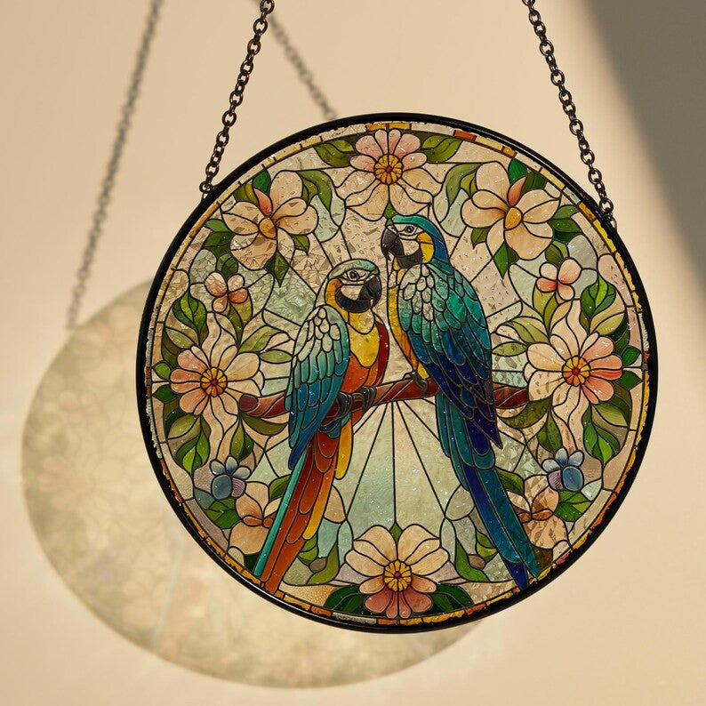 Floral Parrot Couple GLASS Hanging, Bird Lover Decor, Bird Nerd, Home Decor, Bird Suncatcher Decor,Parrot Decor, Gift For Her