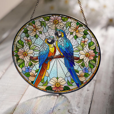 Floral Parrot Couple GLASS Hanging, Bird Lover Decor, Bird Nerd, Home Decor, Bird Suncatcher Decor,Parrot Decor, Gift For Her