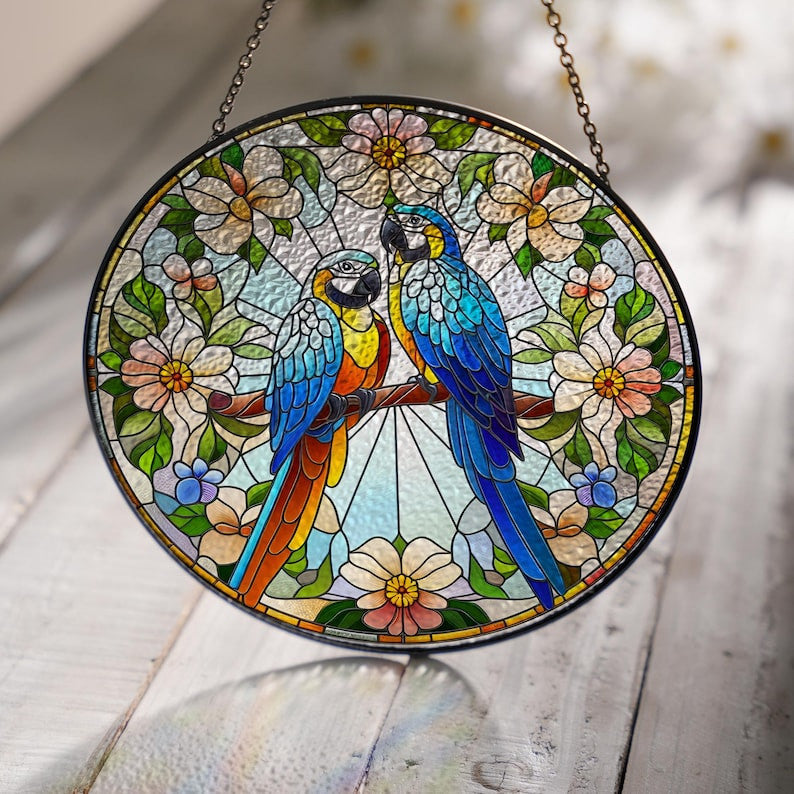 Floral Parrot Couple GLASS Hanging, Bird Lover Decor, Bird Nerd, Home Decor, Bird Suncatcher Decor,Parrot Decor, Gift For Her