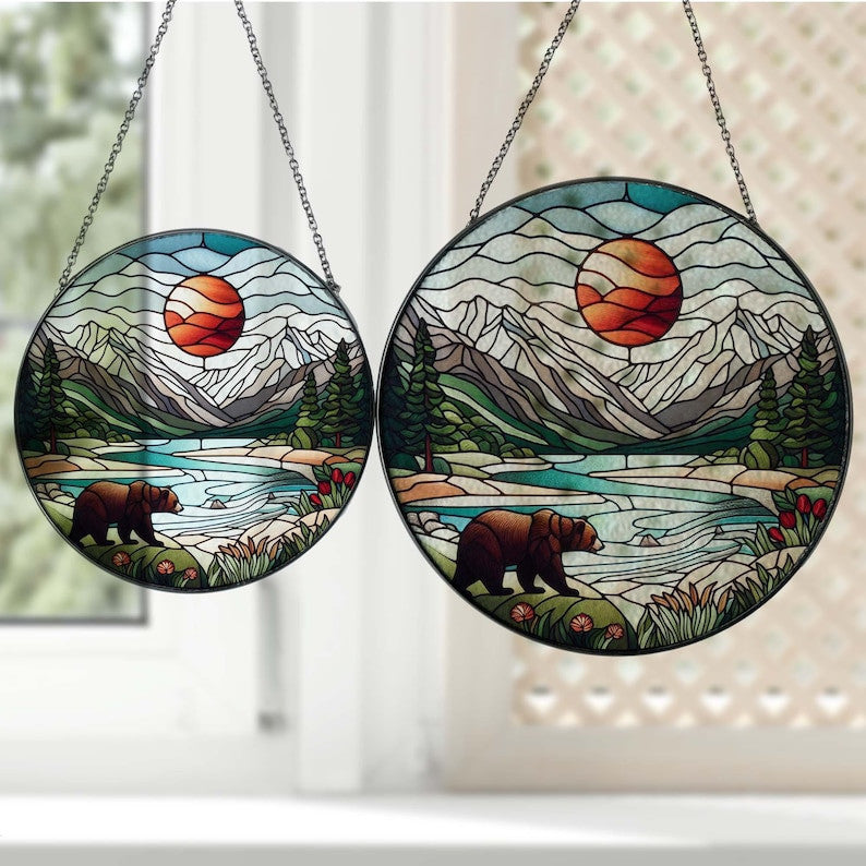 Bearlandscape GLASS Hanging, Mountain Landscape, Bear Glass, Sunset Suncatcher hanging, Home decoration, Bear lover gift, gift for him