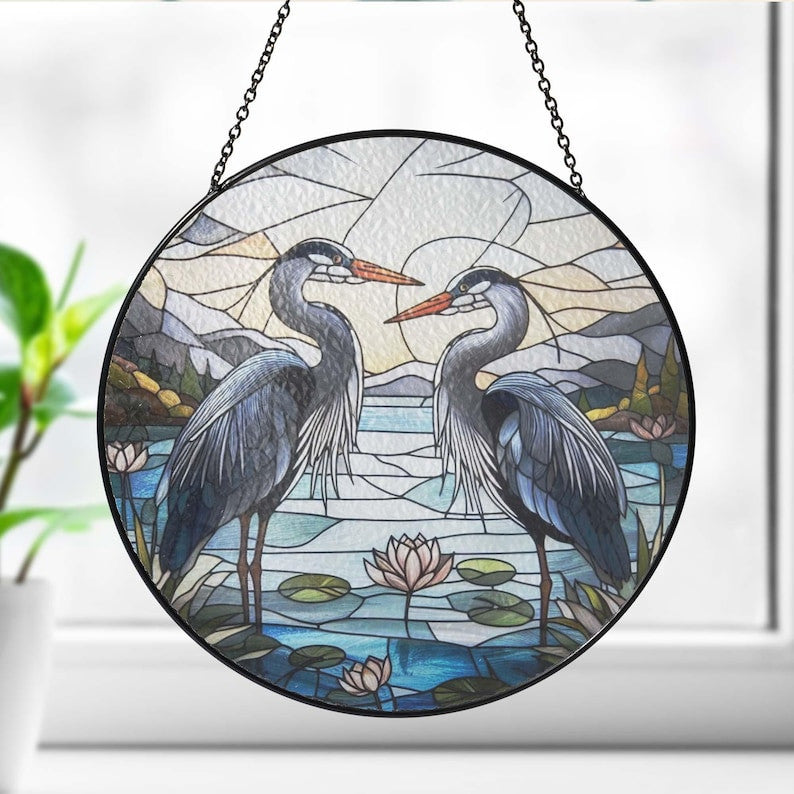 Blue Heron couple GLASS Suncatcher Hanging, Heron Window hanging, Suncatcher ornament, couple gift, Heron lover, Halloween gift
